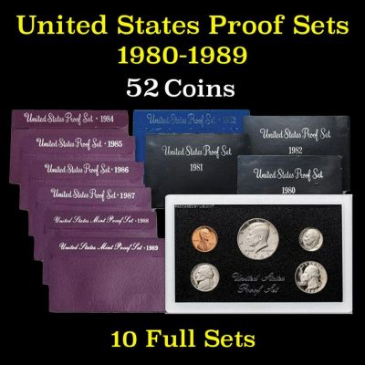 Group of 10 United States Mint Proof Sets 1980-1989 52 coins.. Group of 10 United States Proof