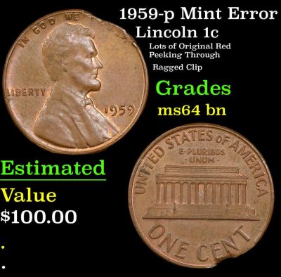 1959-p Lincoln Cent Mint Error 1c Grades Choice Unc BN. 1959-p Mint Error Lincoln Cent 1c Grades