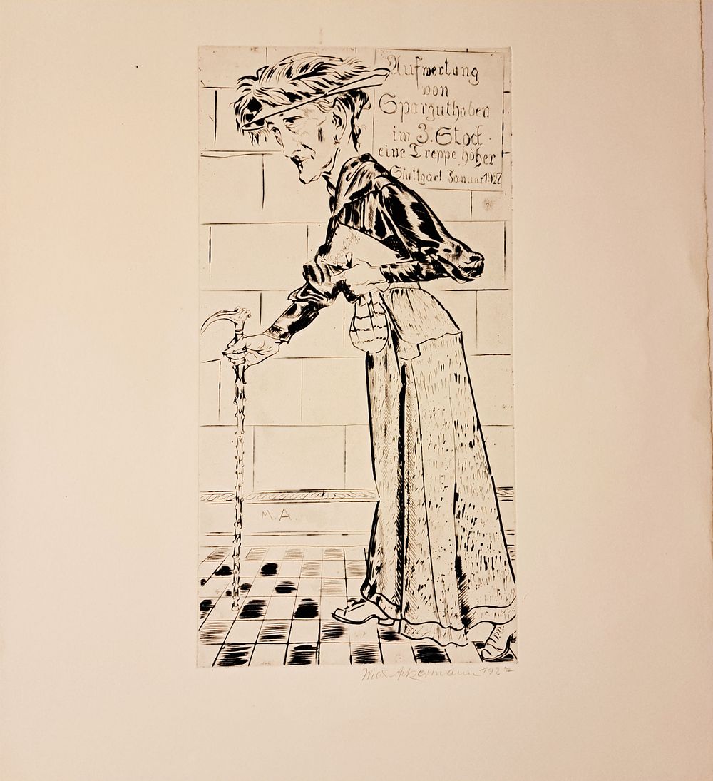 Max Ackermann (1887 Berlin - 1975 Bad Liebenzell). Alte Frau auf dem Weg zur Sparkasse 1927 