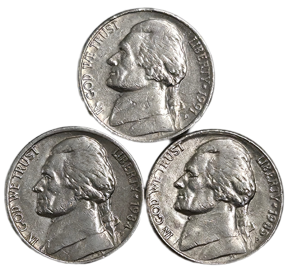 3 יחידות מטבעות בערך 5 סנט מידיו הקדושות של הרב. מהשנים 1984, 1985, 1991 
ניתן מידיו הקדושות של 