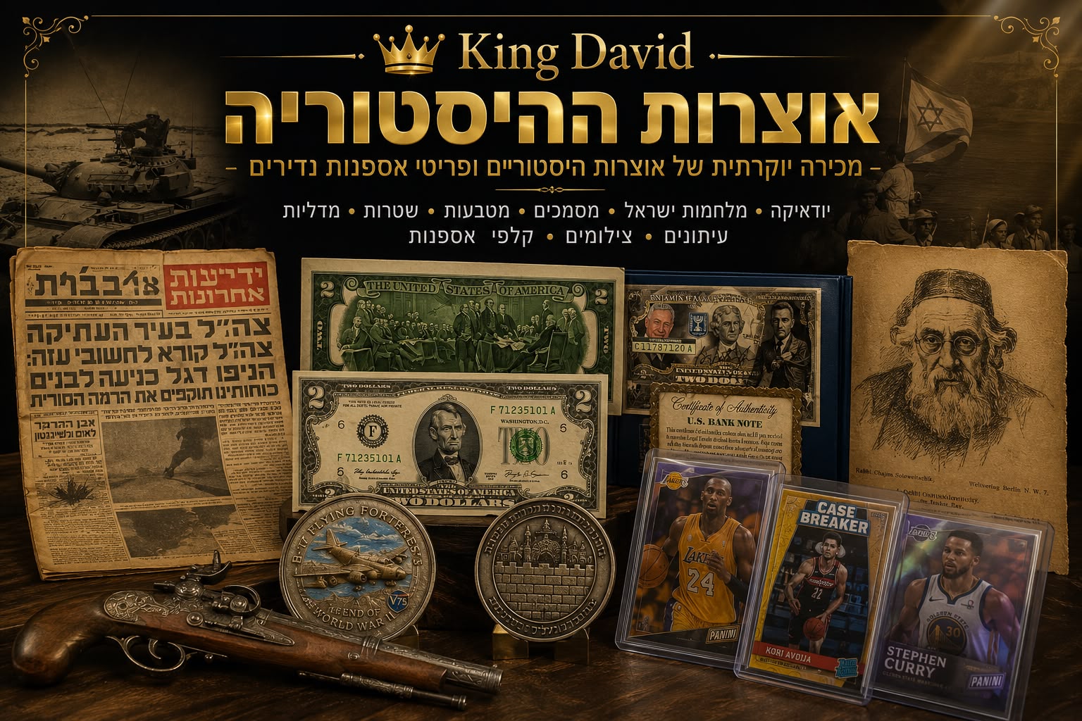 King David Auctions | מכירה  211 | יודאיקה, מלחמות ישראל, מסמכים, מטבעות, שטרות, מדליות, עיתונים, מעטפות וגלויות מיוחדות, בולים צילומים של ראשי ממשלה וקלפי אספנות