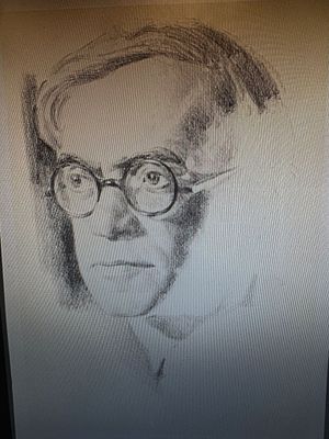 דיוקן של זאב ז׳בוטינסקי מיוחד ונדיר שצייר הגרפיקאי אוסוולד אדלר. שחתום על הדיוקן. מידות 25 ס״מ 