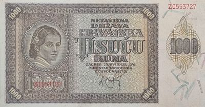 קרואטיה הנאצית 1000 קונה 1941 שטר גדול ומרשים
