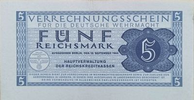גרמניה הנאצית 5 מארק 1944 AUNC!!!!! שטר גדול סדרה מבוקשת מאוד
