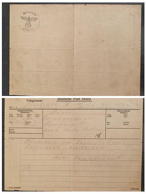 שואה - מברק מאושויץ עם חותמת דאר רשמי. נדיר מאד!!! מברק ממפקד מחנה הריכוז אושוויץ?