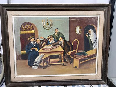 ציור יד לא חתום שמן על בד ציור יודייקה של רבנים מרשים
60 על 80