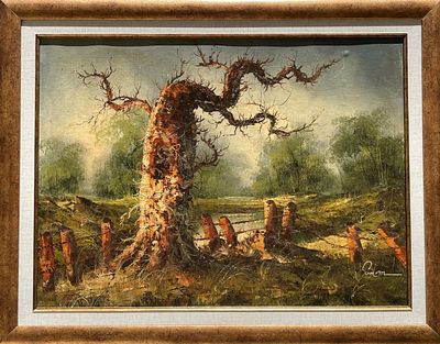 עץ עתיק ליד גדר תיל' - ציור ישן, שמן על בד צרפתי, חתום, מידות 46X65 סמ