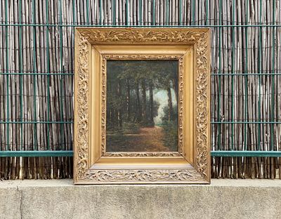 'שביל ביער' - ציור עתיק, שמן על בד מוצמד ללוח, פגמים (מצולמים בתקריב), מידות 40X32 סמ, מסגרת 63X55