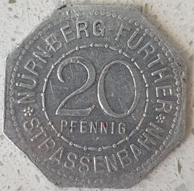 אסימון אספנות של 20 פפניג (Pfennig) של חברת החשמלית נירנברג-פירט (N&uuml;rnberg-F&uuml;rther 