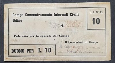 שטר כסף (בונו) של 10 לירות איטלקיות. 
השטר שימש במחנה הריכוז לאזרחים עצורים באודינה, איטליה 