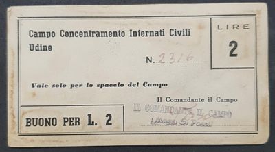 שטר כסף (בונו) של 2 לירות איטלקיות. 
השטר שימש במחנה הריכוז לאזרחים עצורים באודינה, איטליה 