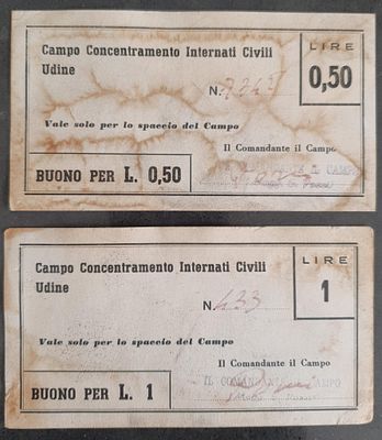 שטרות אלה הם שוברי מחנה ריכוז אזרחיים של אודינה (Udine), איטליה, בערכים של 0.50 ו-1 לירה. 