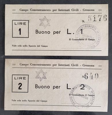 זוג שטרות לירה ו שני לירות זמן מלחמת העולם השנייה מחנה ריכוז קרמונה שבאיטליה 
הכסף שימש לרכישה 