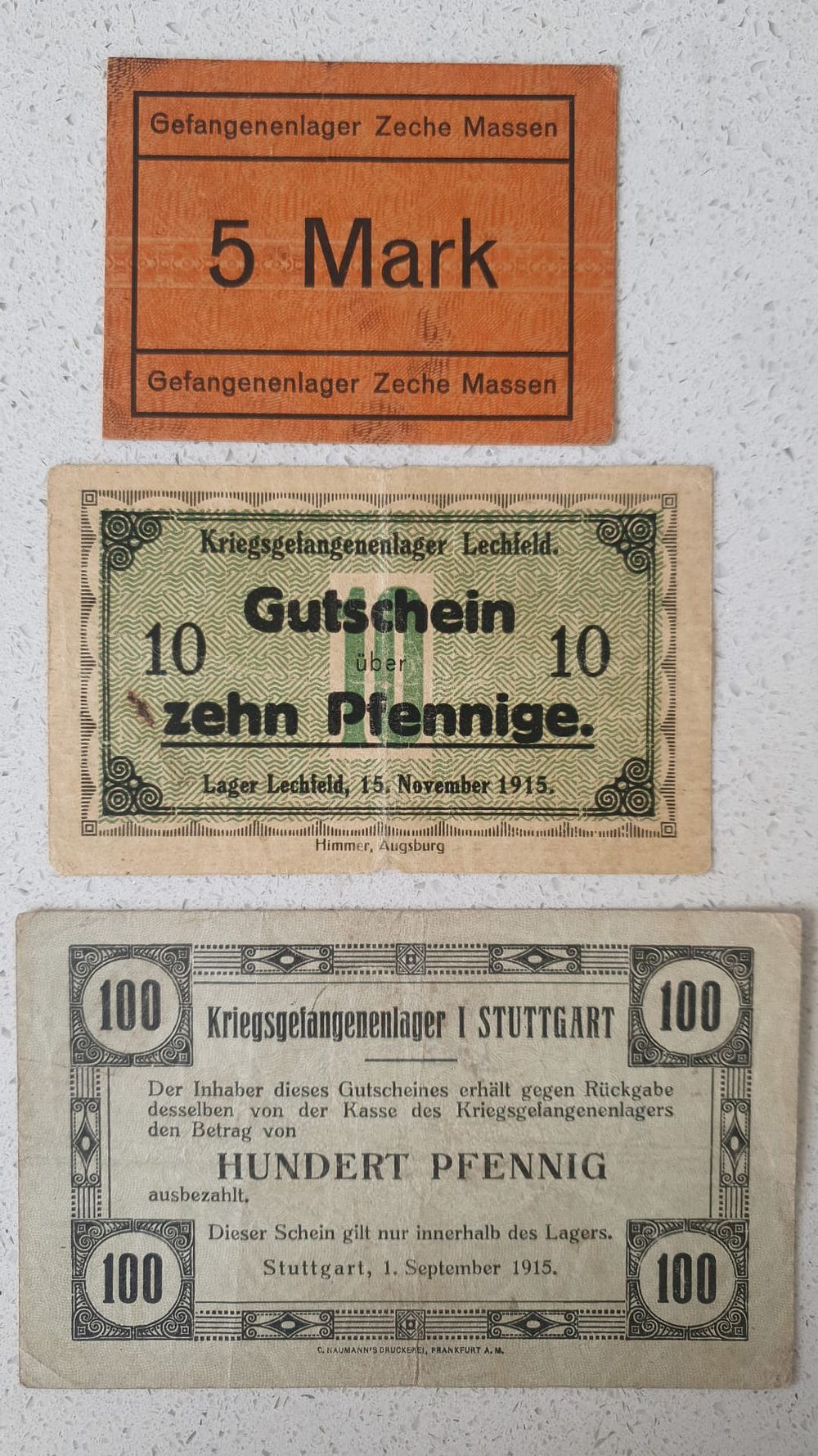 לוט שלושה שטרות ערכים שונים ממחנות שבויים גרמניים מלחמת העולם הראשונה