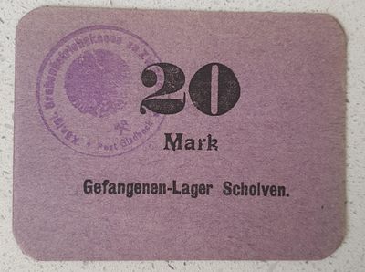 גרמניה 1916
שטר כסף עשוי קרטון ממחנה שבויים שולבן
בעריך 20 מארק
פריט היסטורי ונדיר !!!!