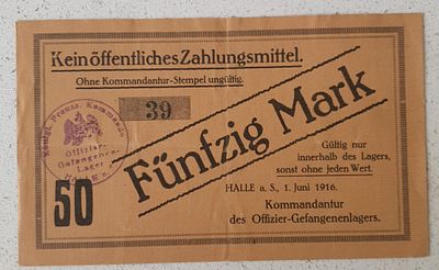 שטר 50 מארק ממחנה שבויים קצינים גרמניה 1916 מלחמת העולם הראשונה