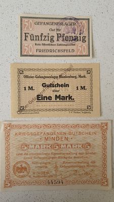 לוט שלושה שטרות ערכים שונים ממחנות שבויים גרמני בזמן מלחמת העולם הראשונה