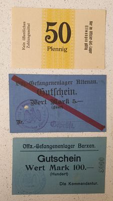 לוט שלושה שטרות ערכים שונים ממחנות שבויים גרמני בזמן מלחמת העולם הראשונה