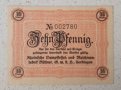 שטר כסף של 10 פפניג ממחנה שבויים גרמני מתקופת מלחמת העולם הראשונה