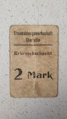 שטר כסף מנייר של 2 מארק, שהונפק על ידי חברת כריית הפחם "Steinkohlengewerkschaft Charlotte" עבור 