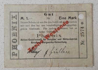 שטר כסף פנימי (Notgeld) של חברת הכרייה והמתכת "פיניקס" (Phoenix Aktien-Gesellschaft f&uuml;r Bergbau 