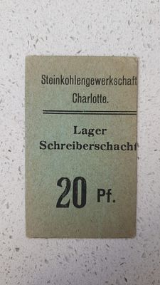 שטר כסף מחנה (Lagergeld) של 20 פפניג, שהונפק עבור מחנה השבויים (Lager Schreiberschacht) במכרה 