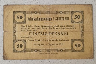 שטר כסף של 50 פפניג (Pfennig) ממחנה שבויים גרמני בשטוטגרט (Kriegsgefangenenlager I Stuttgart) 