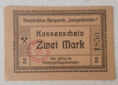 שטר כסף גרמני (Kassenschein) של "שתי מארק" (Zwei Mark) ממכרה הפחם "לנגנברהם" 