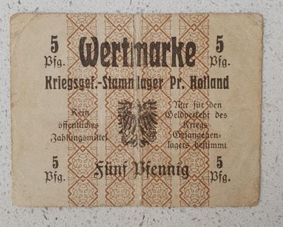 שטר כסף (Wertmarke) ממחנה שבויים גרמני ממלחמת העולם הראשונה.
