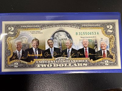 שטר מיוחד נדיר וחוקי של 2$ שיצא במהדורה מוגבלת לכבוד 6 הנשיאים של ארה״ב שעדיין חיים(יצא לפני 