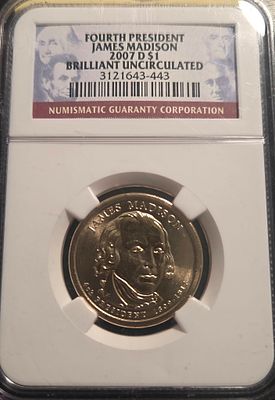 ארה"ב 1 דולר מטבע הנצחה לנשיא ארה"ב הרביעי "גיימס מדיסון" מדורג UNC - NGC