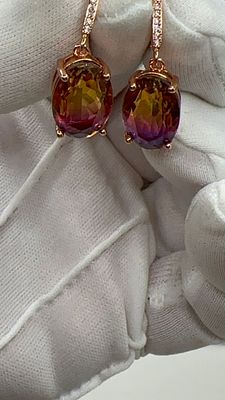 זוג עגילים נדירות מכסף מצופה בזהב 14 ק. אבני טורמלין גדולות בשני צבעים! ורוד וקוניאק. פתיחה-$45