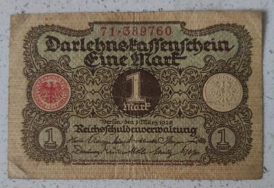 שטר 1 מארק גרמניה, רפובליקת ויימאר, הונפק בשנת 1920 לאחר מלחמת העולם הראשונה.
מצב שמור אבל יש 
