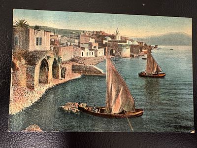 גלויה צבעונית מוקדמת של טבריה והכנרת, תחילת המאה ה-20 (1905–1915).
הוצאה גרמנית עם כיתוב 