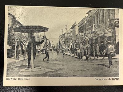 גלויה מקורית מתקופת המנדט – תל־אביב, רחוב הרצל, שנות ה־30.
צילום תיעודי של הרחוב המרכזי בעיר 