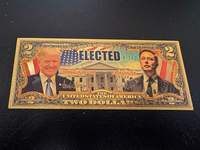 שטר פנטזיה של 2 דולר מצופה זהב של הנשיא טרמפ ושל אילון מאסק