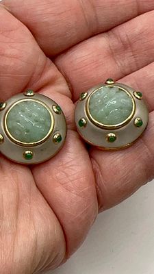 עגילי קליפס כסף 925 משולב זהב עם ג'ייד עתיקים. ✨עגילי **ג'ייד** מרהיבים בעיצוב וינטג'!✨ שיבוץ 