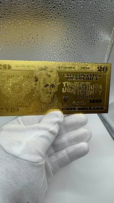 שטר 20 דולר מצופה זהב 24 ק. 💰 שטר 20 דולר מצופה **זהב טהור**! 🌟 פריט אספנים **נדיר** ומיוחד. 