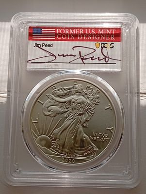 מטבע סילבר איגל PCGS MS70 FDI שנת 2020 (היום הראשון להנפקה) בחתימת Jim Peed (לשעבר אחראי עיצוב 