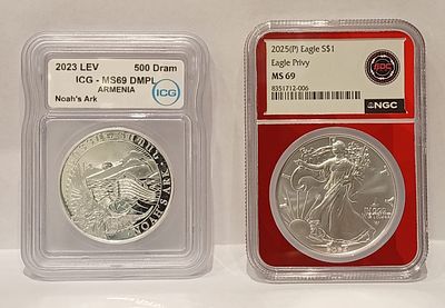 2 אונקיות מדורגות MS-69 סילבר איגל 2025 (סימון נשר), תיבת נוח 2023 מכסף טהור 999. מטבעות השקעה 