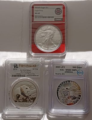 3 אונקיות שונות בדירוג גבוה MS-69 איגל 2025 (Eagle Privy), פנדה סינית 2016, ותיבת נוח 2023 