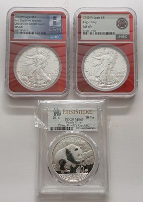 3 אונקיות מדורגות MS-69 סילבר איגל (סימון נשר), פנדה סינית, סילבר איגל (סימון כוכב) עשויות כסף 