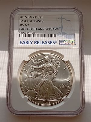 מטבע כסף 999 סילבר איגל 2016 במשקל אונקיה מדורג MS-69, מטבע כמעט מושלם זה אושר על ידי חברת NGC. 