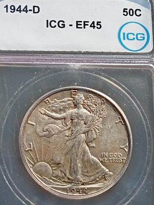 מטבע חצי דולר Walking Liberty שנת 1944-D בדירוג (ICG EF45 (Extremely Fine הוא מטבע בהרכב כסף של 