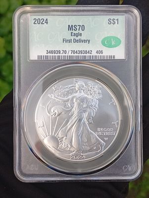 מטבע כסף אמריקן איגל מדורג CAC MS70 שנת 2024. הטבעה ראשונה. משקל אונקיית כסף 99.9% בערך נקוב של 