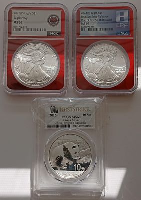 3 אונקיות כסף 999 מדורגות MS-69 של סילבר איגל 2025 (Eagle Privy), פנדה סינית, סילבר איגל 2024 