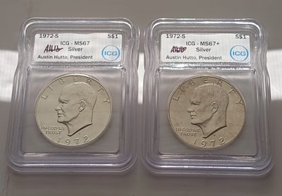 2 יחידות דולר כסף אייזנהאואר שנת 1972-S בדירוגים גבוהים ICG של MS67, MS67+ כולל תווית חתימת 