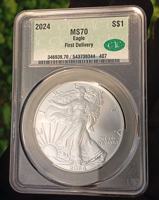 אמריקן סילבר איגל מדורג CAC MS-70 שנת 2024 בהטבעה ראשונה. משקל אונקיית כסף 99.9% בערך נקוב של 