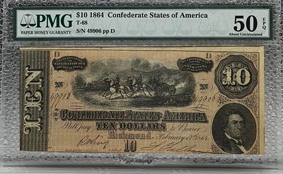 1864 שטר 10 דולר קונפדרציה. 🪙 שטר נדיר מהמאה ה-19! 📜 פריט אספנות **אותנטי** ממדינות 