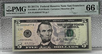 $5 2017A PMG 66טעות! בשטר 
הספרה 7 במספר הסידורי העליון קופצת מעל הספרה 7 אחותה. 💎 שטר $5 